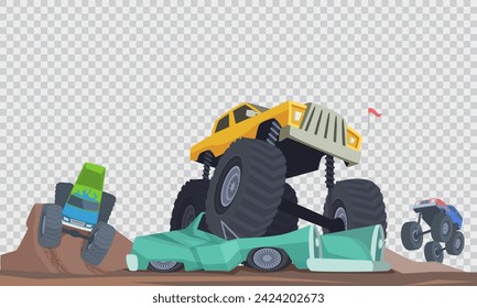 Bigfoot cars monster trucks with big wheels vector cartoon background