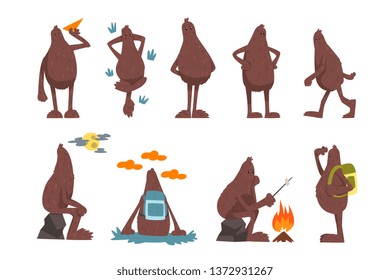 Bigfoot cartoon character set, funny mythical creature in different situations vector Illustrations on a white background