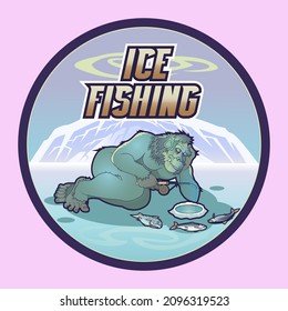 Bigfoot catching fish on the ice. For Fridge magnets design and sticker