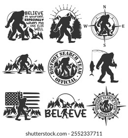 Bigfoot Collection Illustration Clip Art Design Shape. Yeti  Silhouette Icon Vector.