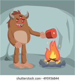 bigfoot cooking meat on fire vector illustration design