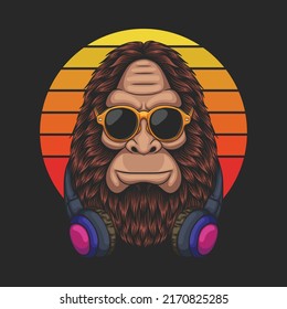 Bigfoot cool wearing a eyeglasses and headphone vector illustration for your company or brand