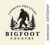 Bigfoot country logo design. Sasquatch brand icon. Yeti symbol. Looking squatchy emblem. Mythical cryptid creature vector illustration.