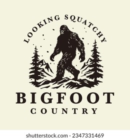 Bigfoot country logo design. Sasquatch brand icon. Yeti symbol. Looking squatchy emblem. Mythical cryptid creature vector illustration. svg