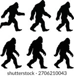 Bigfoot creature walking and running silhouettes vector