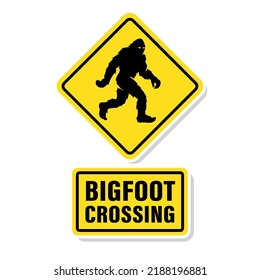 Bigfoot crossing road sign. Sasquatch walking symbol. Hairy wild man cryptid poster. Mythical cryptozoology creature silhouette icon. Vector illustration. svg