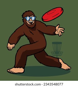 Bigfoot disc golf isolated. Sasquach throwing disc.