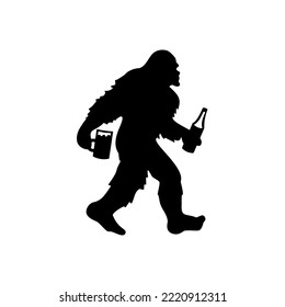 Bigfoot drinks a beer. Yeti silhouette. Bigfoot hobbies template for home decoration, laser cut, crafting, t shirt print. Vector illustration.