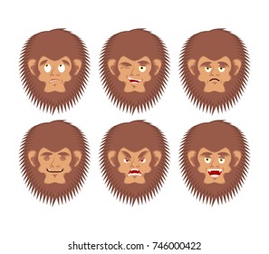 Bigfoot emoji set. Yeti sad and angry face. Abominable snowman guilty and sleeping avatar. Vector illustration