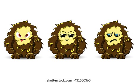 Bigfoot emotional set. Vector yeti character. Cute monster mascot.