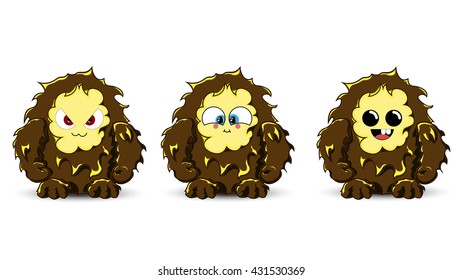 Bigfoot emotional set. Vector yeti character. Cute monster mascot.
