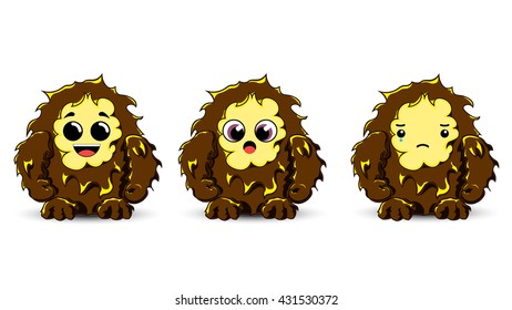 Bigfoot emotional set. Vector yeti character. Cute monster mascot.