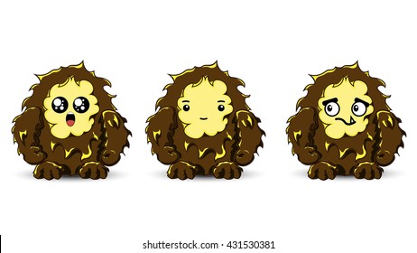 Bigfoot emotional set. Vector yeti character. Cute monster mascot.