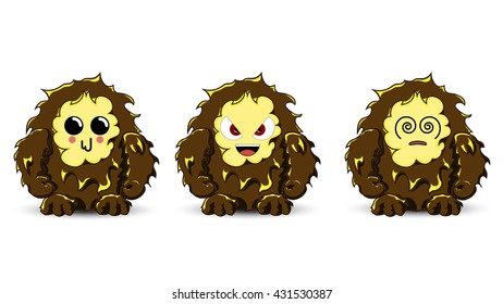 Bigfoot emotional set. Vector yeti character. Cute monster mascot.