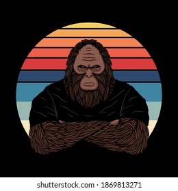 Bigfoot fierce face sunset retro vector illustration for your company or brand
