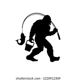 Bigfoot fishing design. Yeti silhouette. Bigfoot hobbies template for home decoration, laser cut, crafting, t shirt print, tote bag. Vector illustration.