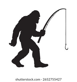Bigfoot Fishing Silhouette – Sasquatch Holding Rod with Hook Clipart
