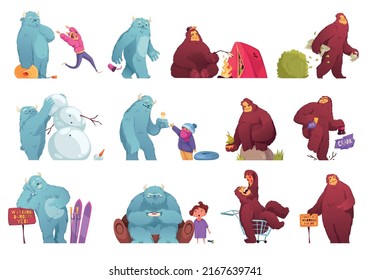 Bigfoot flat set of cute cartoon characters and little children contacting with yeti isolated vector illustration
