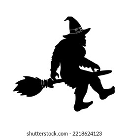 Bigfoot flying on broom. Yeti silhouette with halloween hat. Halloween party element for home decoration, laser cut, crafting, T shirt design. Vector illustration