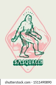 Bigfoot in front of the mountains - Sasquatch vintage t-shirt print in pink and green colors - vector illustration best for screenprinting