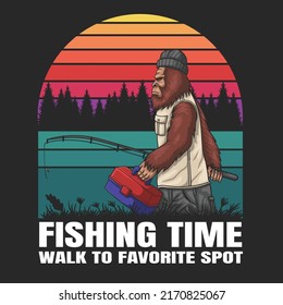 Bigfoot going to go fishing vector illustration for your company or brand