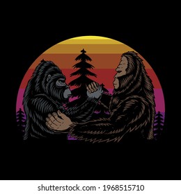 Bigfoot and gorilla brothers retro vector illustration for your company or brand