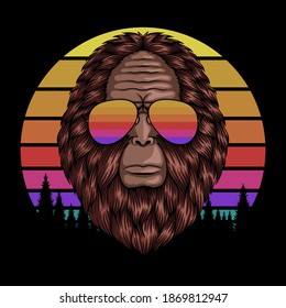 Bigfoot head eyeglasses sunset retro vector illustration for your company or brand