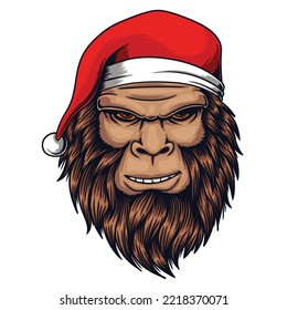 bigfoot head smile wearing christmas santa hat vector illustration for your company or brand