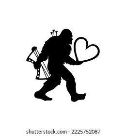 Bigfoot with heart, bow and arrows. Valentines' day Yeti silhouette. T shirt design. Vector illustration for crafting.