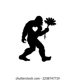 Bigfoot with heart and wild flower. Valentines' day Yeti silhouette. T shirt design. Vector illustration for crafting.