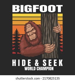 Bigfoot hiding in a tree retro vector illustration for your company or brand