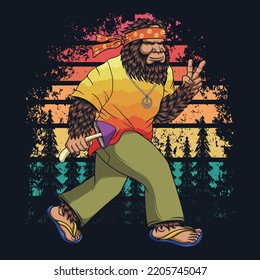 Bigfoot hippie walking retro vector illustration for your company or brand