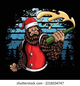 Bigfoot holding a beer bottle season christmas vector illustration for your company or brand