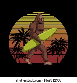 Bigfoot holding a surf board sunset retro vector illustration for your company or brand