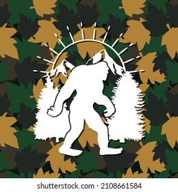 Bigfoot Illustration Clip Art Design Shape. Forest Scene Camo Silhouettes Icon Vector.