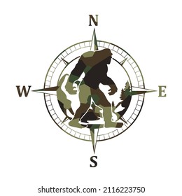Bigfoot Illustration Clip Art Design Shape. Compass Camo Silhouette Icon Vector.