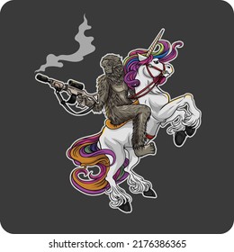 bigfoot illustration design riding a unicorn