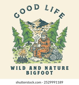 Bigfoot illustration landscape graphic campfire design mountains badge nature vintage adventure