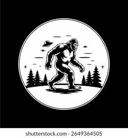 A Bigfoot illustration walks through a forest at night, with a UFO in the sky.  The image is in a black and white, vintage style, encircled in a white circle...