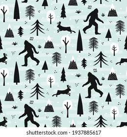 Bigfoot and jackalope seamless pattern design set in winter outdoor wilderness