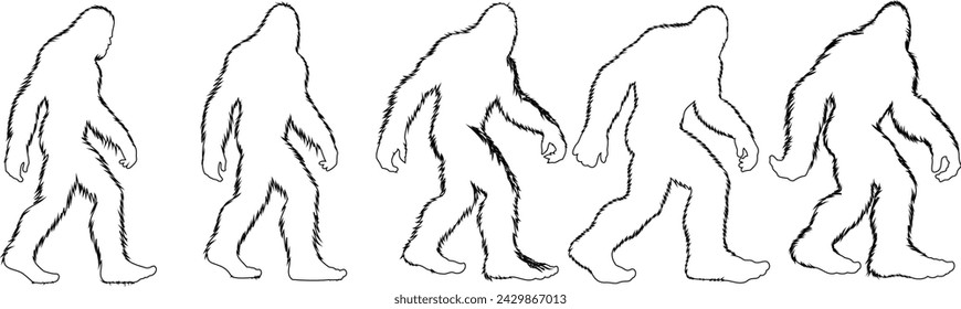 Bigfoot line art, mythical creature illustration, perfect for cryptology, mystery themes, and wilderness exploration. Captures the enigmatic Bigfoot in motion, ideal for engaging content svg