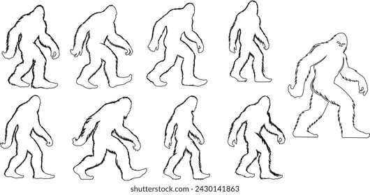 Bigfoot line art, mythical creature illustration, perfect for cryptology, mystery themes, and wilderness exploration. Captures the enigmatic Bigfoot in motion, ideal for engaging content svg