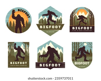 Bigfoot logo. Badges for adventures travel concepts with bigfoot character recent vector illustration set with place for text