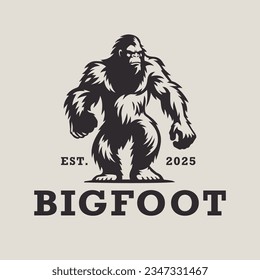 Bigfoot logo design. Sasquatch brand icon. Yeti symbol. Wood ape emblem. Mythical cryptid creature vector illustration. svg