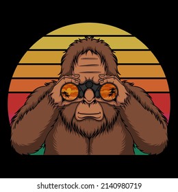 Bigfoot looking at the beach with binoculars vector illustration for your company or brand