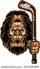 bigfoot mascot holding hockey stick for school, college or league sports