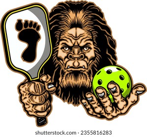 bigfoot mascot holding a pickleball and paddle for school, college or league sports	
