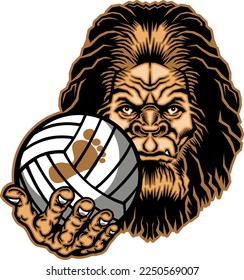 bigfoot mascot holding volleyball for school, college or league sports