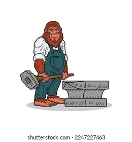 a bigfoot mascot who is a blacksmith. hand tool manufacturing. vector illustration