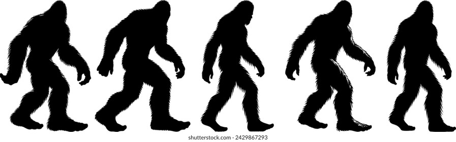 Bigfoot, mythical creature, silhouette sequence. Five black silhouettes of Bigfoot in various walking positions on a white background. Ideal for mysterious, folklore, and cryptid designs svg